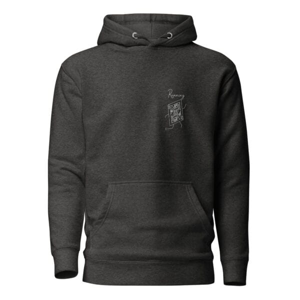 Unisex premium hoodie in charcoal heather with a queen playing card in white in left chest position