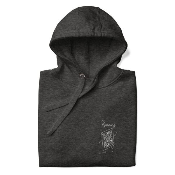 Folded premium hoodie in charcoal heather with a queen playing card running in white on left chest