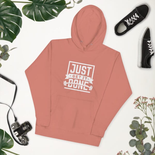 Unisex premium hoodie in dusty rose with white text "Just get it done" and barbell silhouette