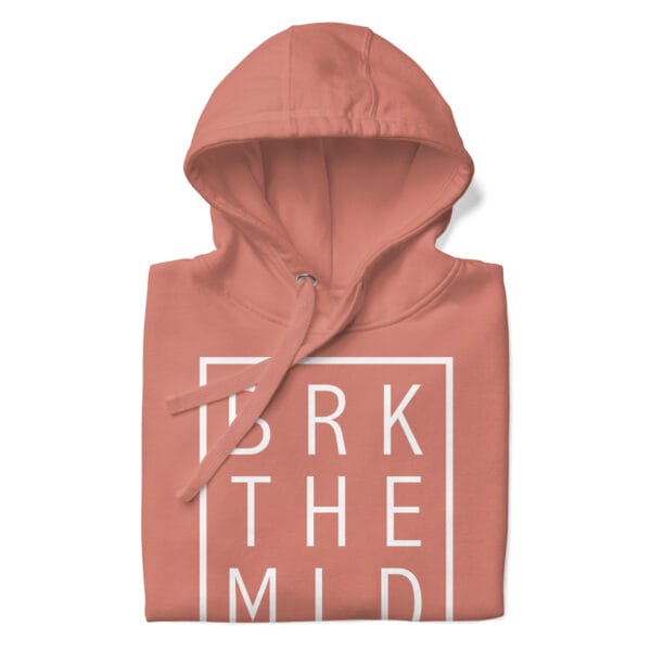 Unisex premium hoodie in dusty rose folded with white rectangle and letters "BRK THE MLD"