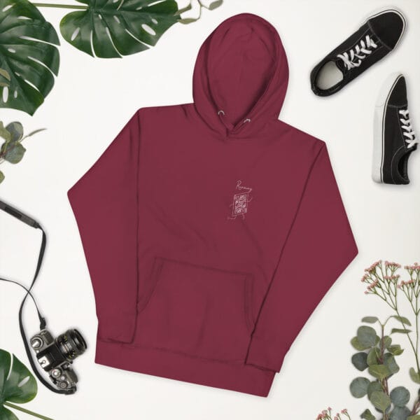 Unisex premium hoodie in maroon with a queen playing card in white in left chest position