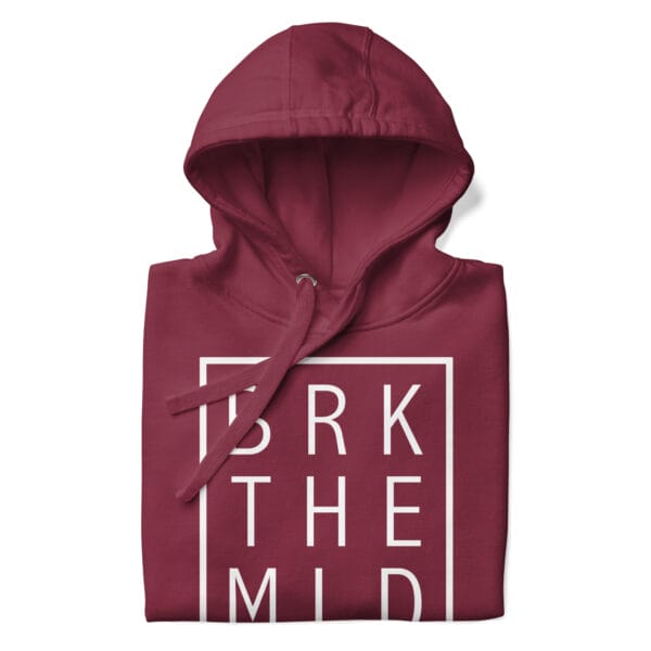 Unisex premium hoodie in maroon folded with white rectangle and letters "BRK THE MLD"