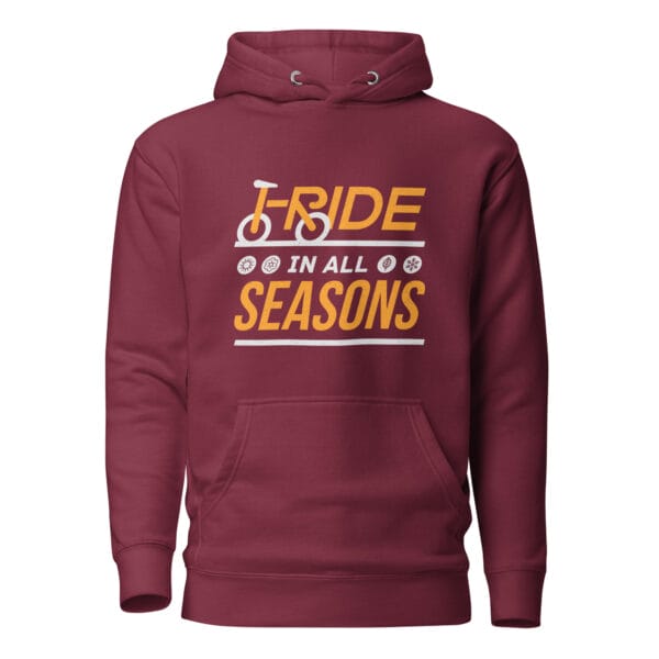 Folded premium cycling hoodie in maroon with text "I ride in all seasons" and small seasons icons