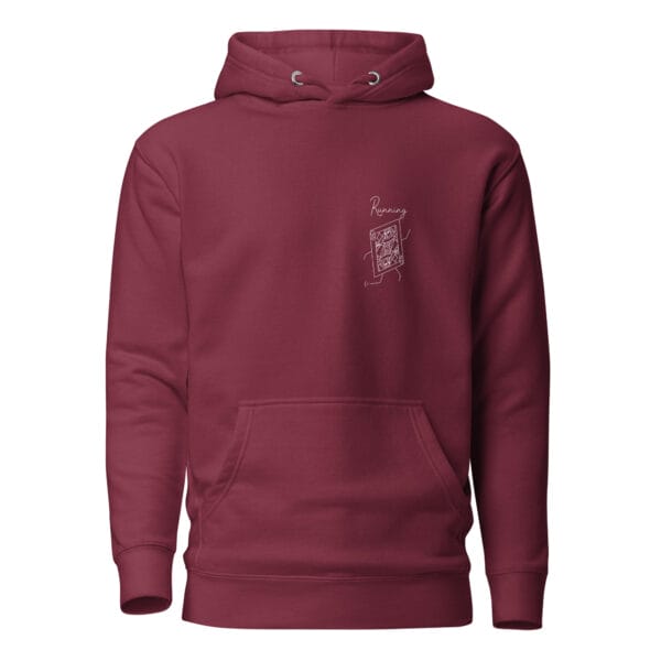 Unisex premium hoodie in maroon with a queen playing card in white in left chest position