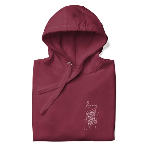 Folded premium hoodie in maroon with a queen playing card running in white on left chest