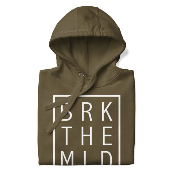 Unisex premium hoodie in charcoal heather folded with white rectangle and letters "BRK THE MLD"