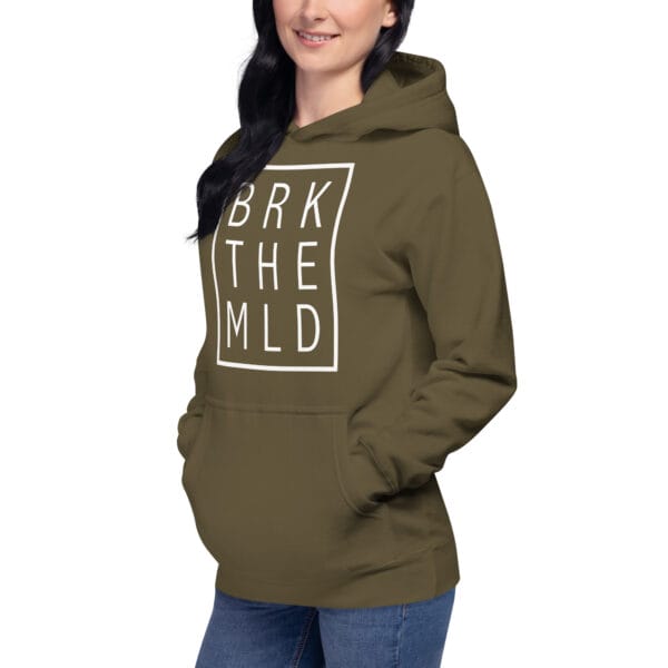 Unisex premium hoodie in military green with white rectangle and letters "BRK THE MLD" on a model