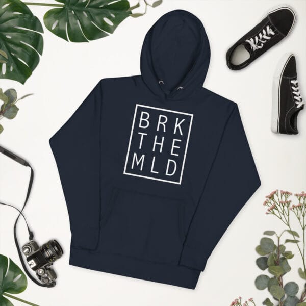 Unisex premium hoodie in navy with white rectangle and letters "BRK THE MLD" inside meaning 'break the mould'