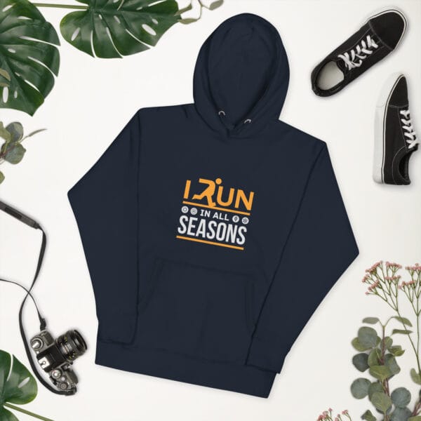 Unisex premium hoodie in navy with text "I run in all seasons" with the letter R a silhouette of a runner