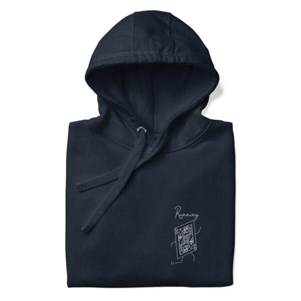 Folded premium hoodie in navy with a queen playing card running in white on left chest