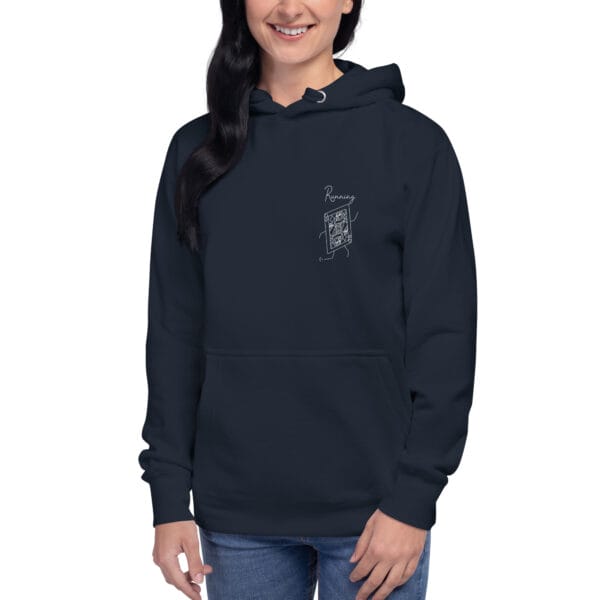 Young woman wearing navy unisex running queen hoodie, white running playing card on left chest