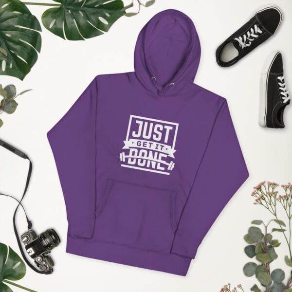 Unisex premium hoodie in purple with white text "Just get it done" and barbell silhouette