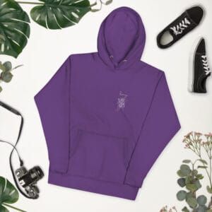 Unisex premium hoodie in purple with a queen playing card running in white on left chest