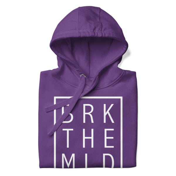 Unisex premium hoodie in purple folded with white rectangle and letters "BRK THE MLD"