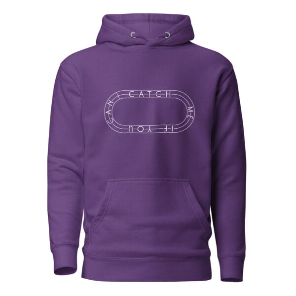 Unisex premium hoodie in purple with white running track with text "Catch me if you can" inside