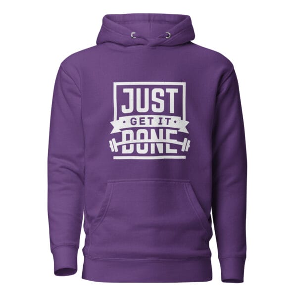 Unisex premium hoodie in purple with white text "Just get it done" and barbell silhouette