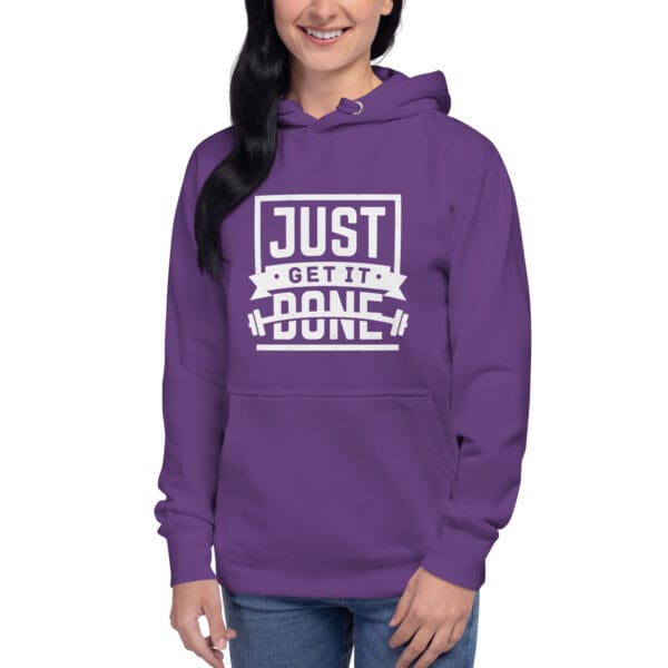 Young woman in purple premium hoodie with white text "Just get it done" and barbell silhouette