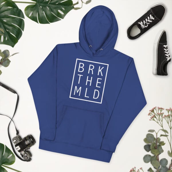 Unisex premium hoodie in royal blue with white rectangle and letters "BRK THE MLD" inside meaning 'break the mould'