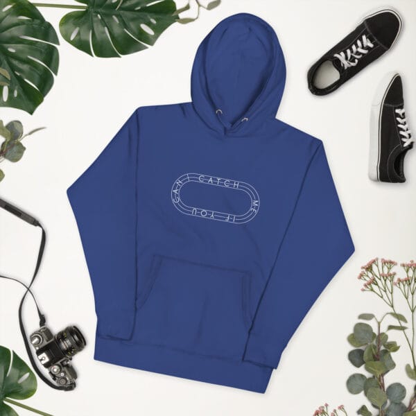 Unisex premium hoodie in royal blue with white running track with text "Catch me if you can" inside