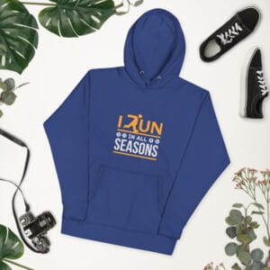 Unisex premium hoodie in royal blue with text "I run in all seasons" with the letter R a silhouette of a runner