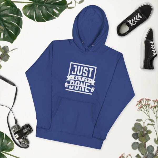 Unisex premium hoodie in royal blue with white text "Just get it done" and barbell silhouette