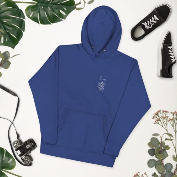 Unisex premium hoodie in royal blue with a queen playing card in white in left chest position