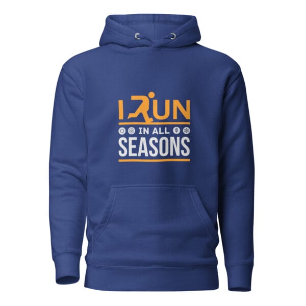 Unisex premium hoodie in royal blue with text "I run in all seasons" with the letter R a silhouette of a runner