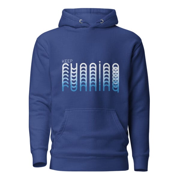 Unisex premium hoodie in royal blue with text "Keep Running" and running with blend effect of white to blue