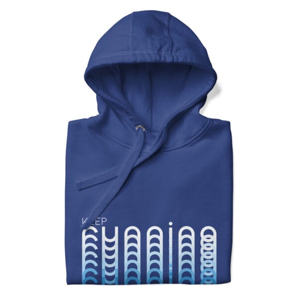 Folded premium hoodie in royal blue with text "Keep Running" and running with blend effect of white to blue