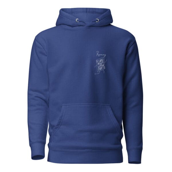 Unisex premium hoodie in royal blue with a queen playing card in white in left chest position