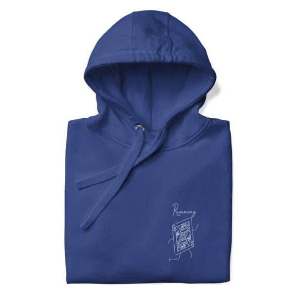 Folded premium hoodie in royal blue with a queen playing card running in white on left chest