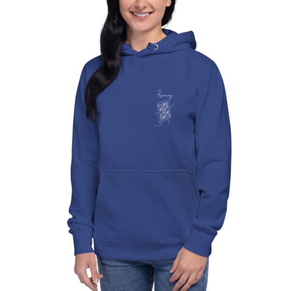 Young woman wearing royal blue unisex running queen hoodie, white running playing card on left chest