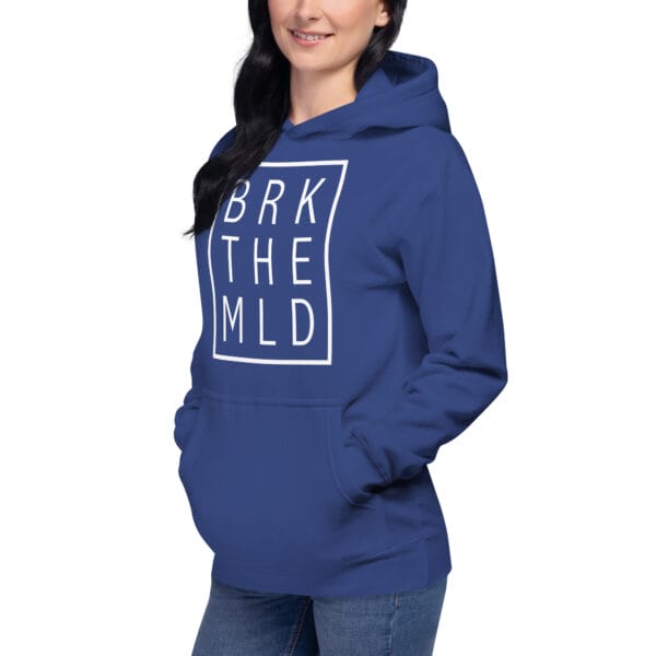 Unisex premium hoodie in royal blue with white rectangle and letters "BRK THE MLD" on a female model