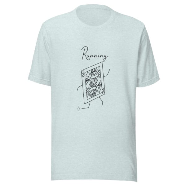 Unisex t-shirt in ice blue with a large queen playing card in black running