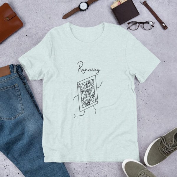 Unisex t-shirt in ice blue with a queen playing card in black running