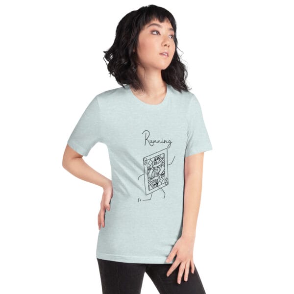 Young woman in ice blue t-shirt with a large queen playing card in black running, concept is a running queen