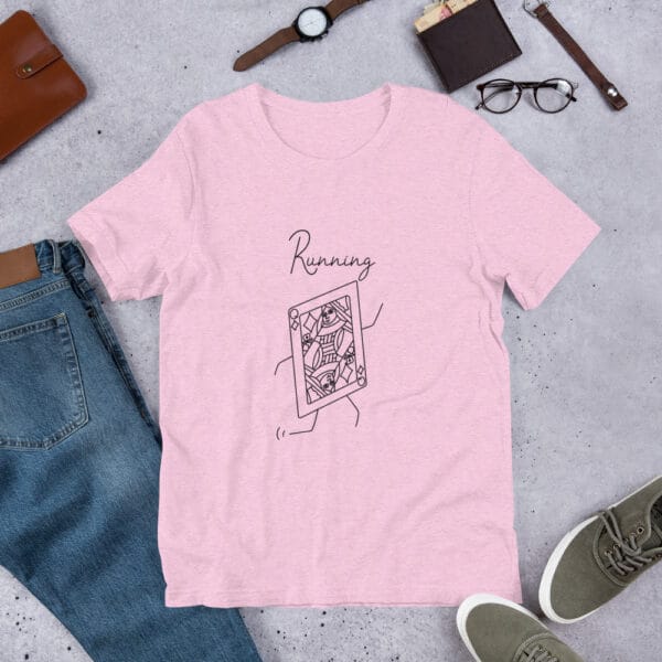 Unisex t-shirt in prism lilac with a large queen playing card in black running