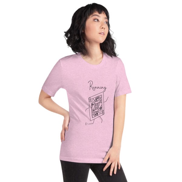 Young woman in prism lilac t-shirt with a large queen playing card in black running