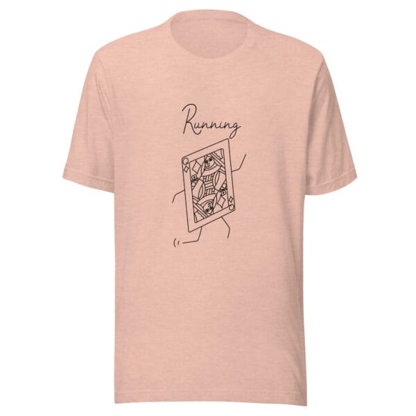 Unisex t-shirt in prism peach with a large queen playing card in black running