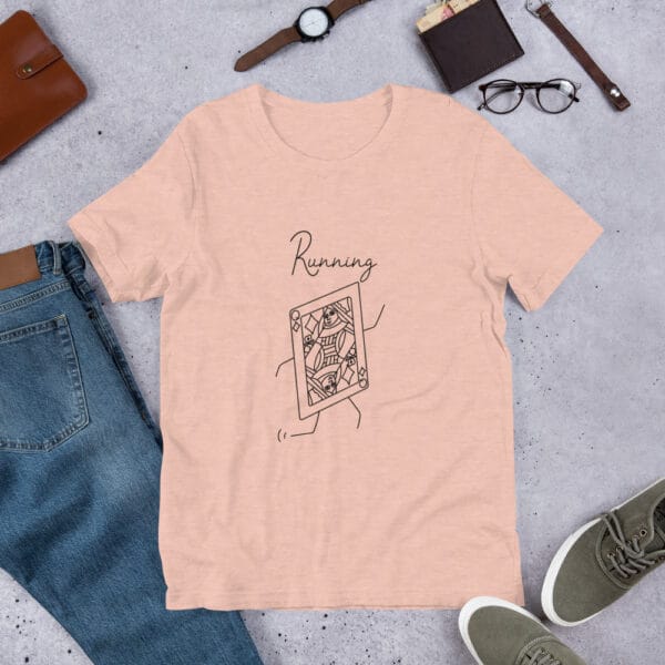 Unisex t-shirt in prism peach with a large queen playing card in black running