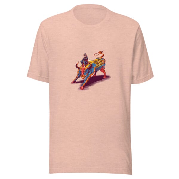 prism peach unisex staple t-shirt with max verstappen sat arms folded on top of a raging bull with no.33