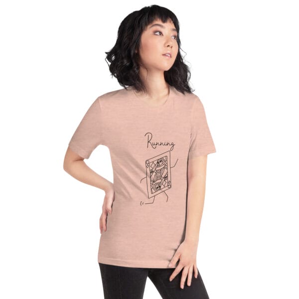 Young woman in prism peach t-shirt with a large queen playing card in black running, concept is a running queen