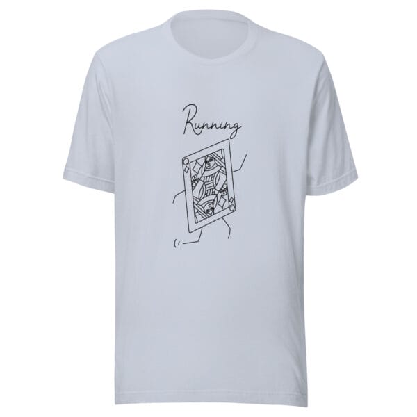 Unisex t-shirt in light blue with a large queen playing card in black running