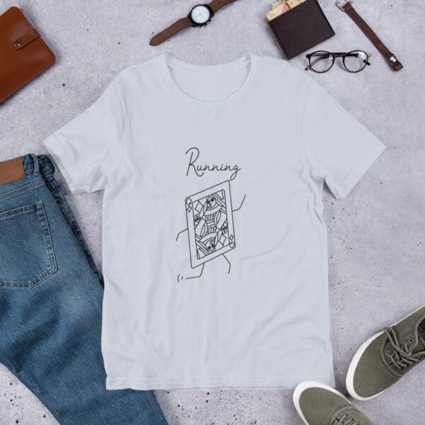 Unisex t-shirt in light blue with a queen playing card in black running