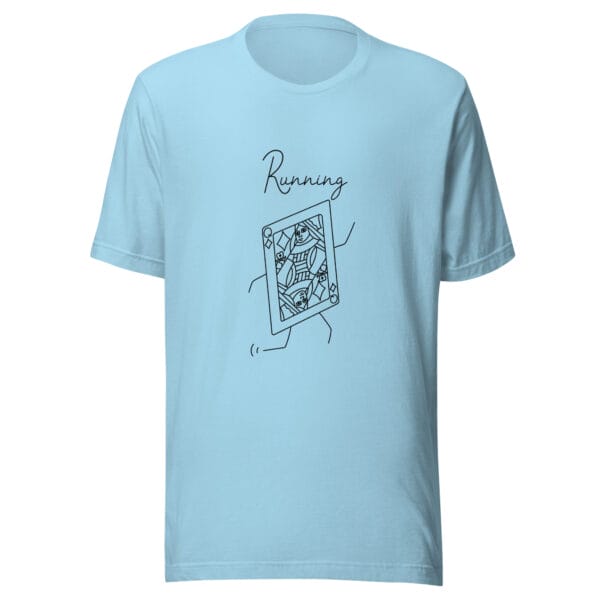 Unisex t-shirt in ocean blue with a large queen playing card in black running