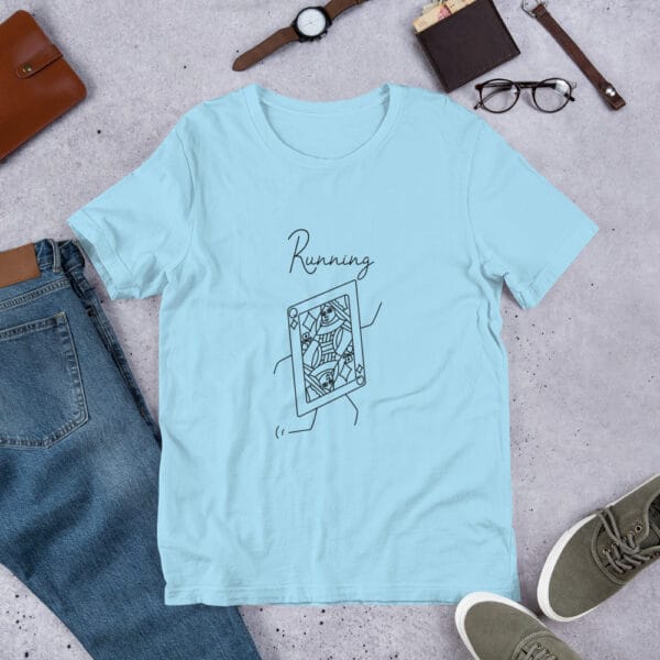 Unisex t-shirt in ocean blue with a queen playing card in black running