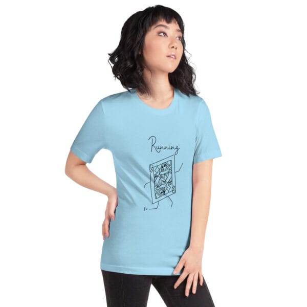 Young woman in ocean blue t-shirt with a large queen playing card in black running, concept is a running queen