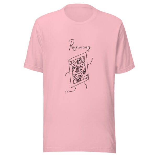 Unisex t-shirt in pink with a large queen playing card in black running