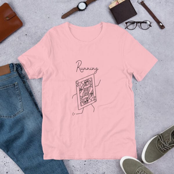 Unisex t-shirt in pink with a queen playing card in black running