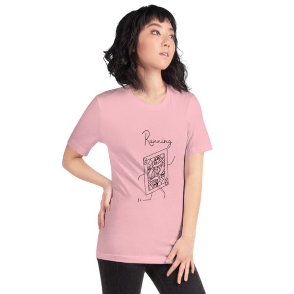 Young woman in pink t-shirt with a large queen playing card in black running